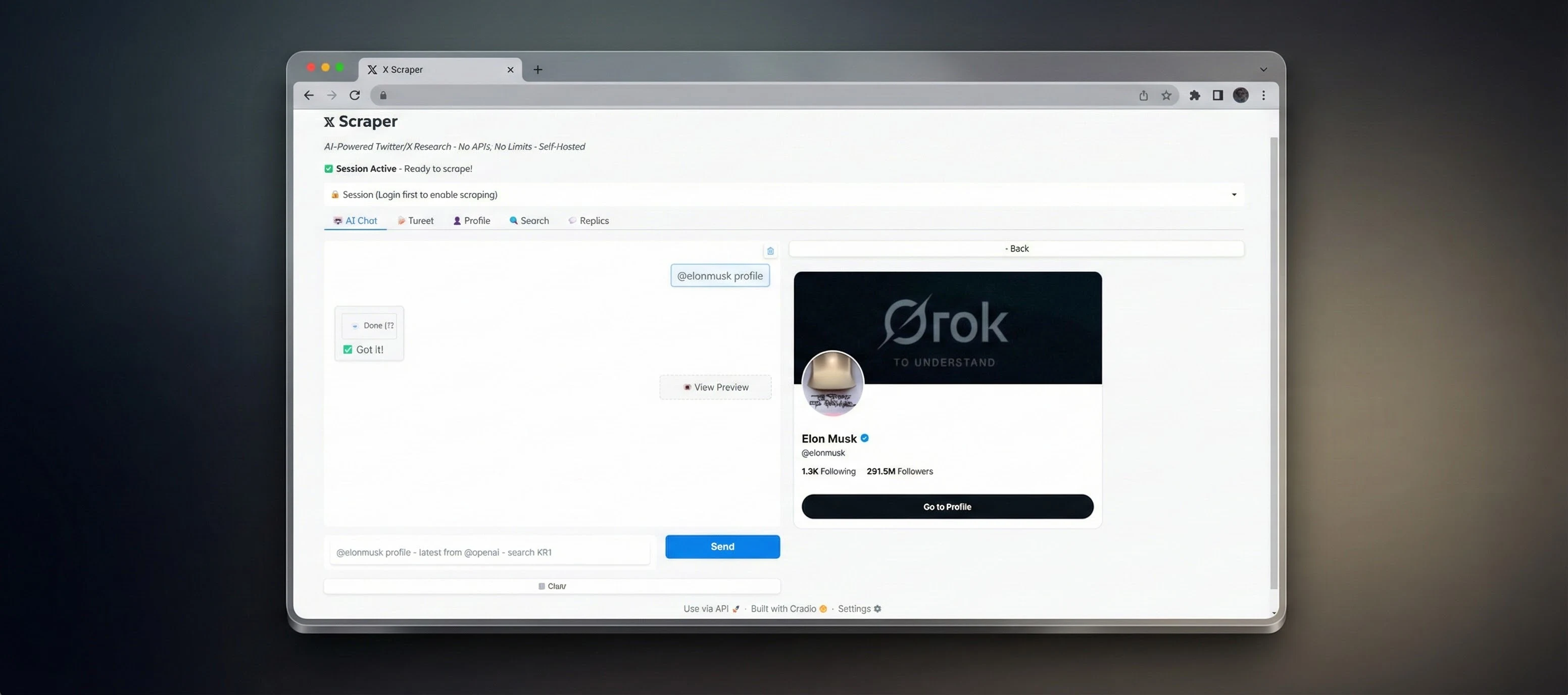 X Scraper AI interface screenshot