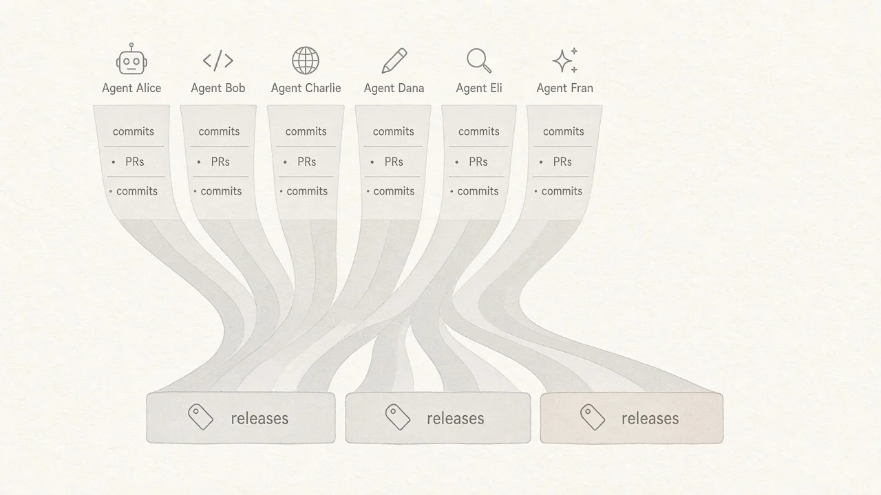 Funnel diagram where many agent-generated branches narrow to few merged releases