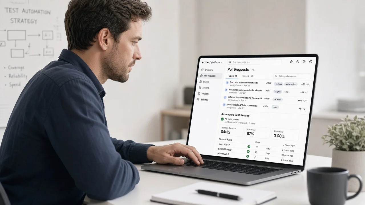 Engineer reviewing automated test results on a laptop with agent-generated pull request in the background