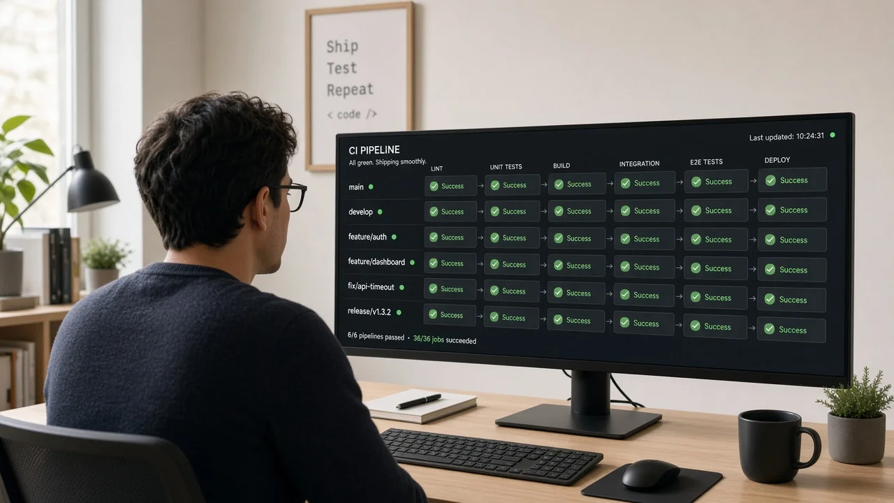 Developer watching parallel CI jobs validate an agent-generated branch
